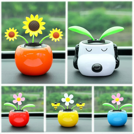 Solar Car Ornament Automatic Swing Flower Potted for Car Dashboard